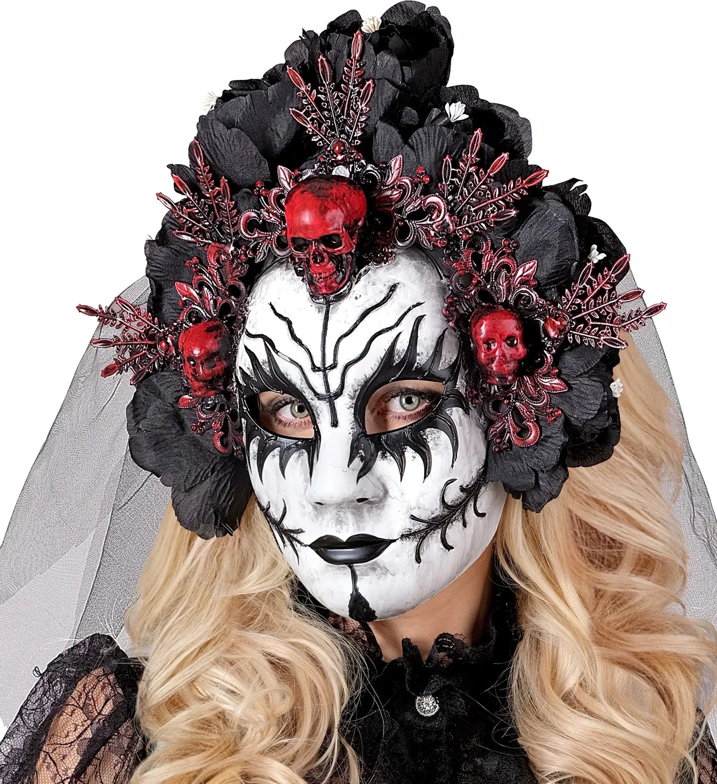 Máscara de Reina de la Muerte con Rosas Negros y Velo Máscaras Halloween Widmann
