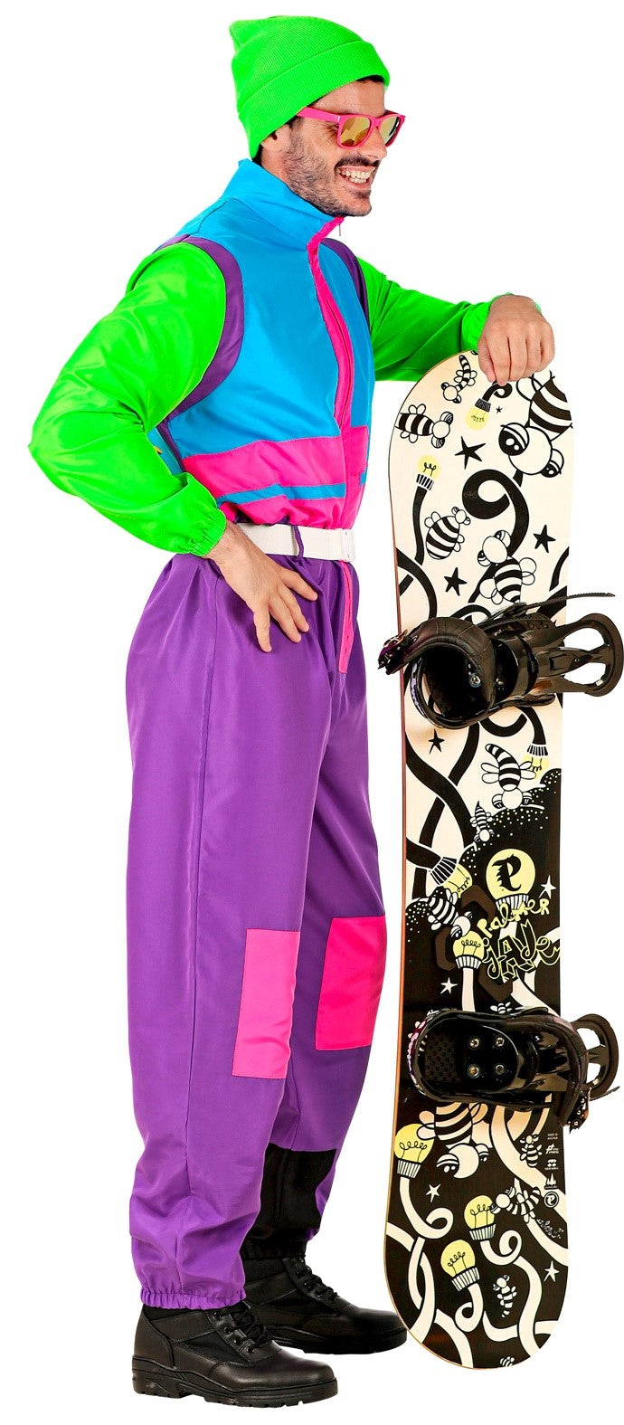 Kostüme für eine Gruppe Neon-Snowboarder der 80er Jahre