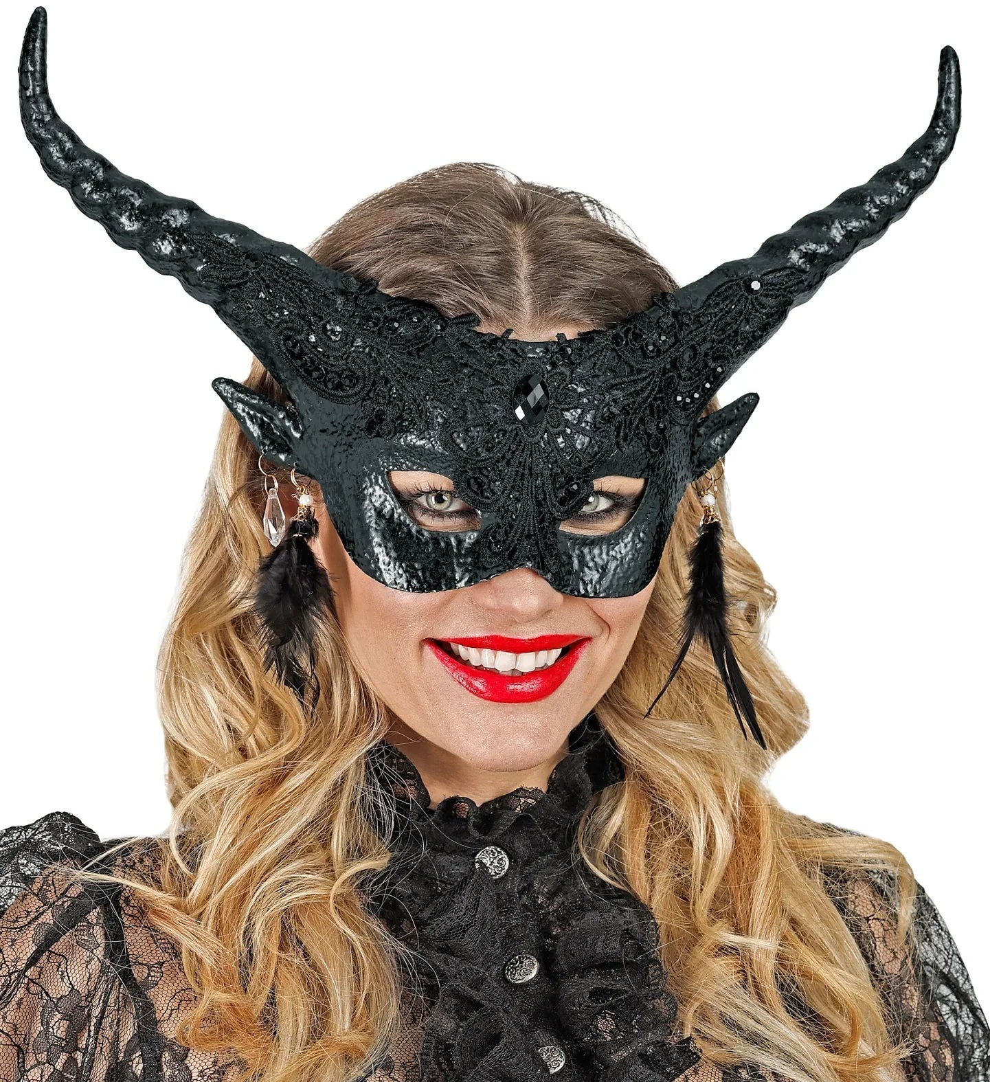 Antifaz de Diablo Negro con Cuernos y Pedrería Máscaras Halloween Widmann