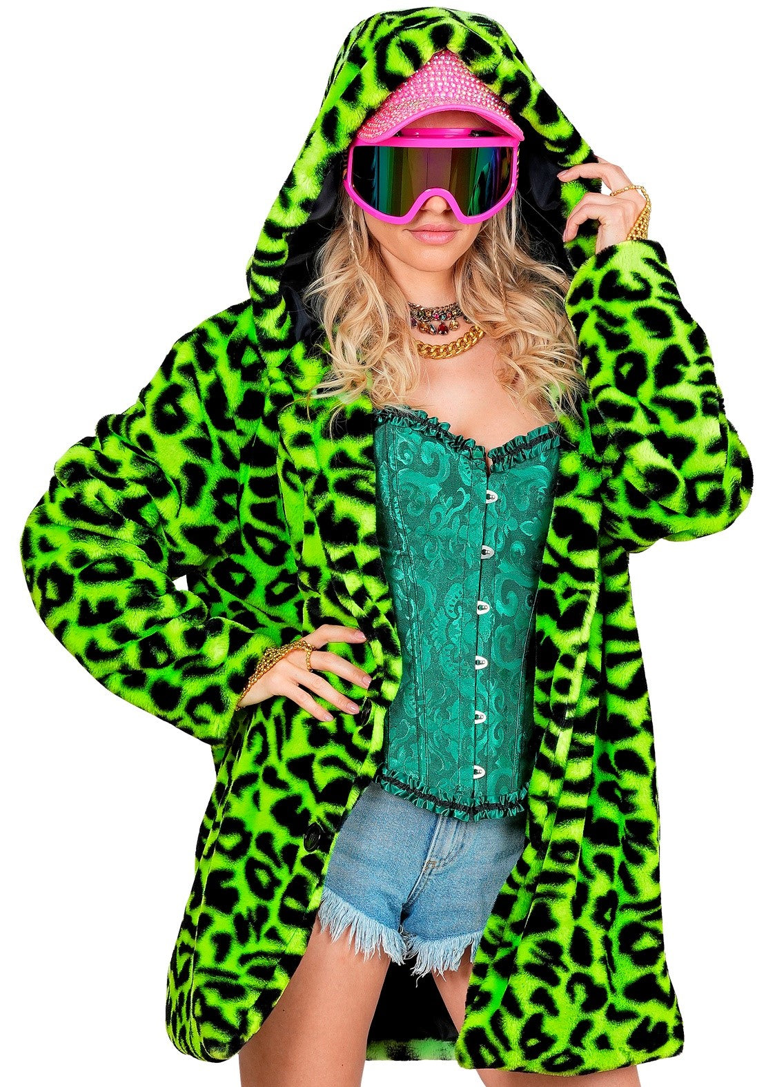 Neongrüne Leoparden-Plüschjacke für Erwachsene