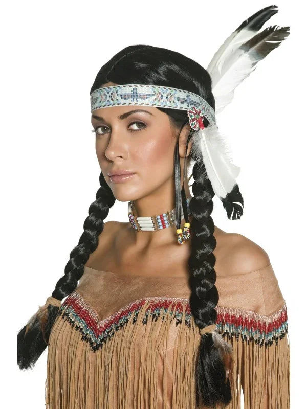Peluca de Indio con Trenzas y Plumas Complementos Indios Smiffys