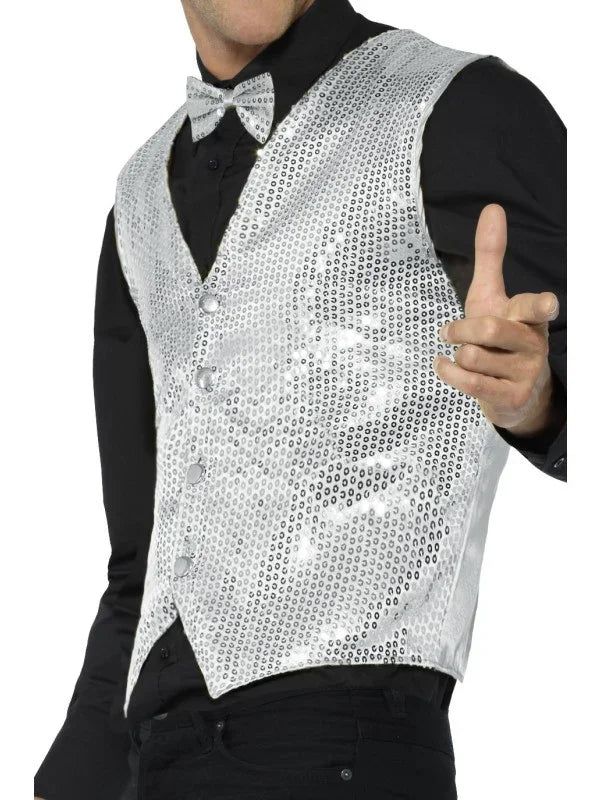 Chaleco Blanco de Lentejuelas Plateadas Chaquetas, Chalecos y Camisas Smiffys