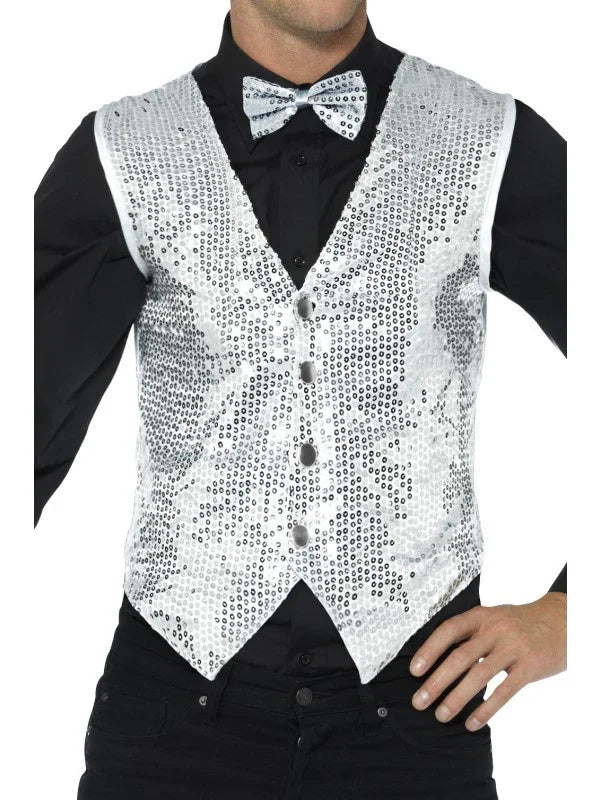 Chaleco Blanco de Lentejuelas Plateadas Chaquetas, Chalecos y Camisas Smiffys