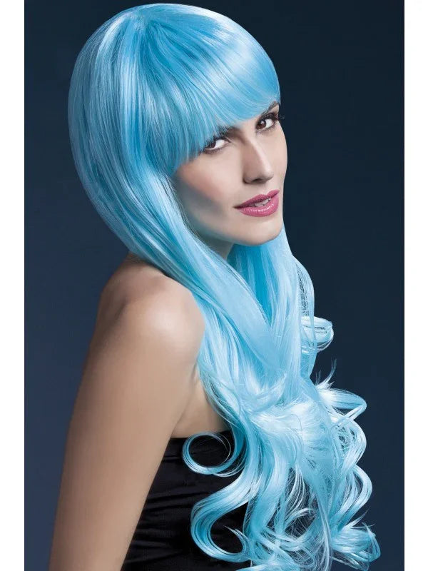 Peluca Azul Ondulada con Flequillo Premium Pelucas Premium Smiffys
