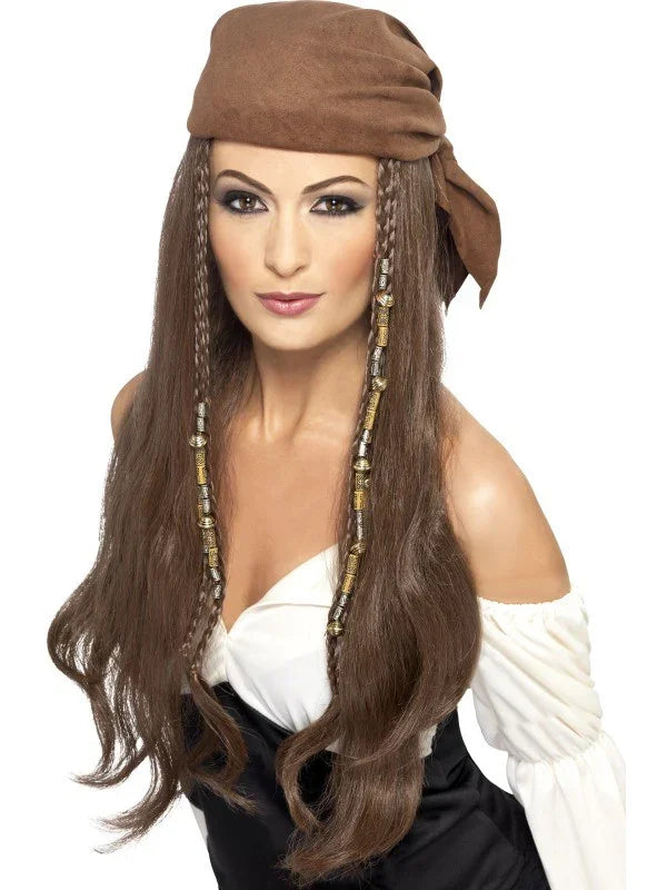 Peluca Pirata Castaña con Pañuelo Marrón Complementos Piratas Smiffys
