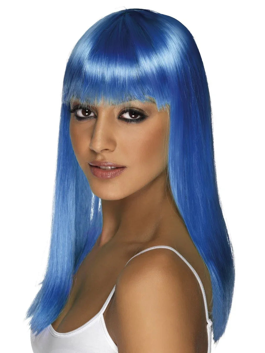 Peluca Azul Larga Lisa con Flequillo Pelucas Azules Smiffys