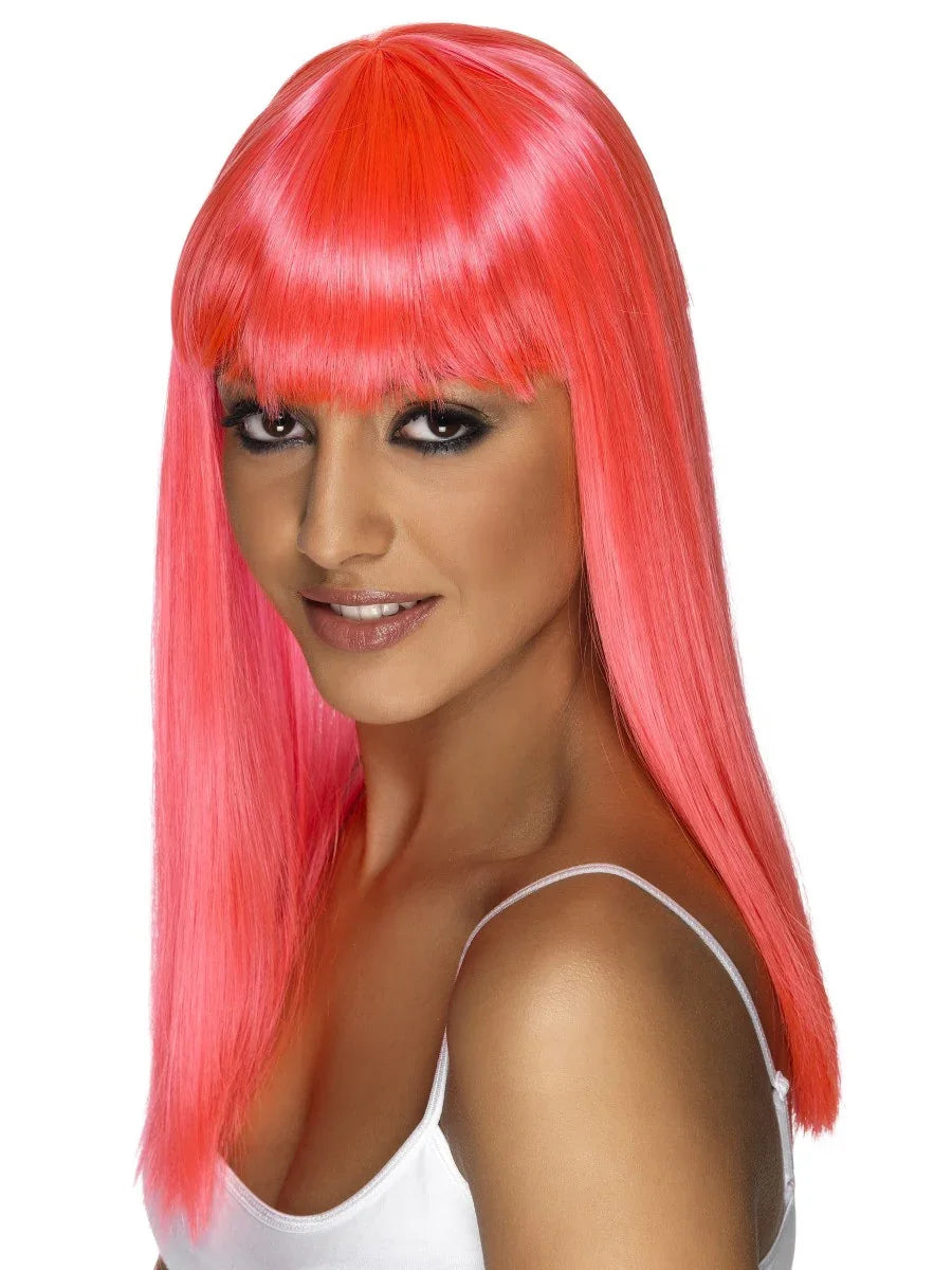 Peluca Rosa Larga Lisa con Flequillo Pelucas Rosas Smiffys