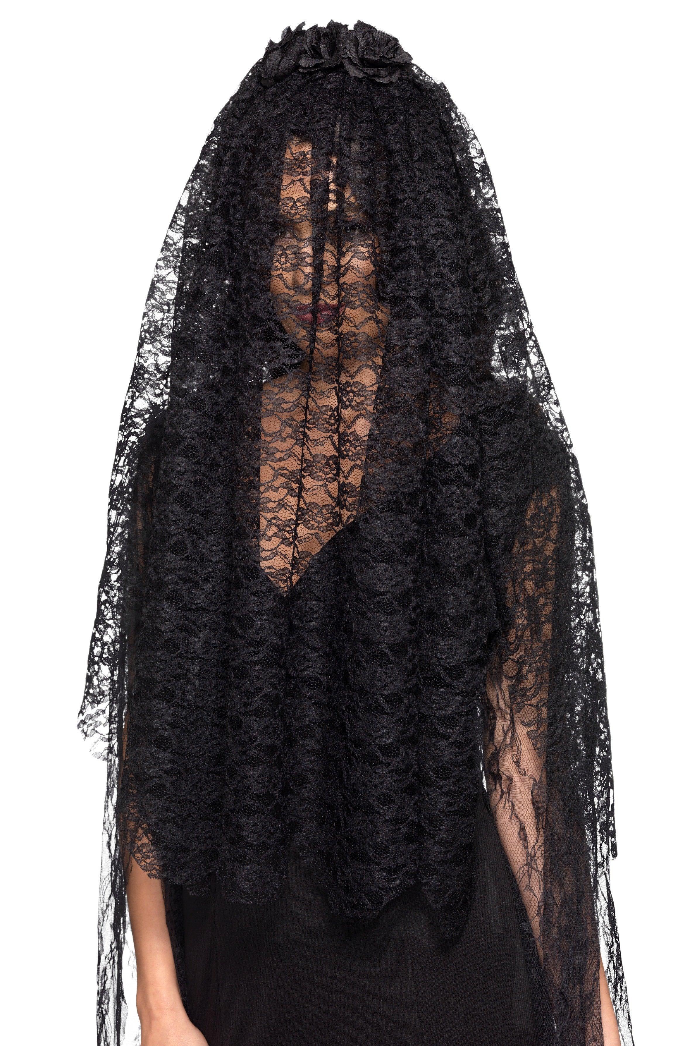Velo de Viuda Negro con Flores Accesorios Halloween Smiffys