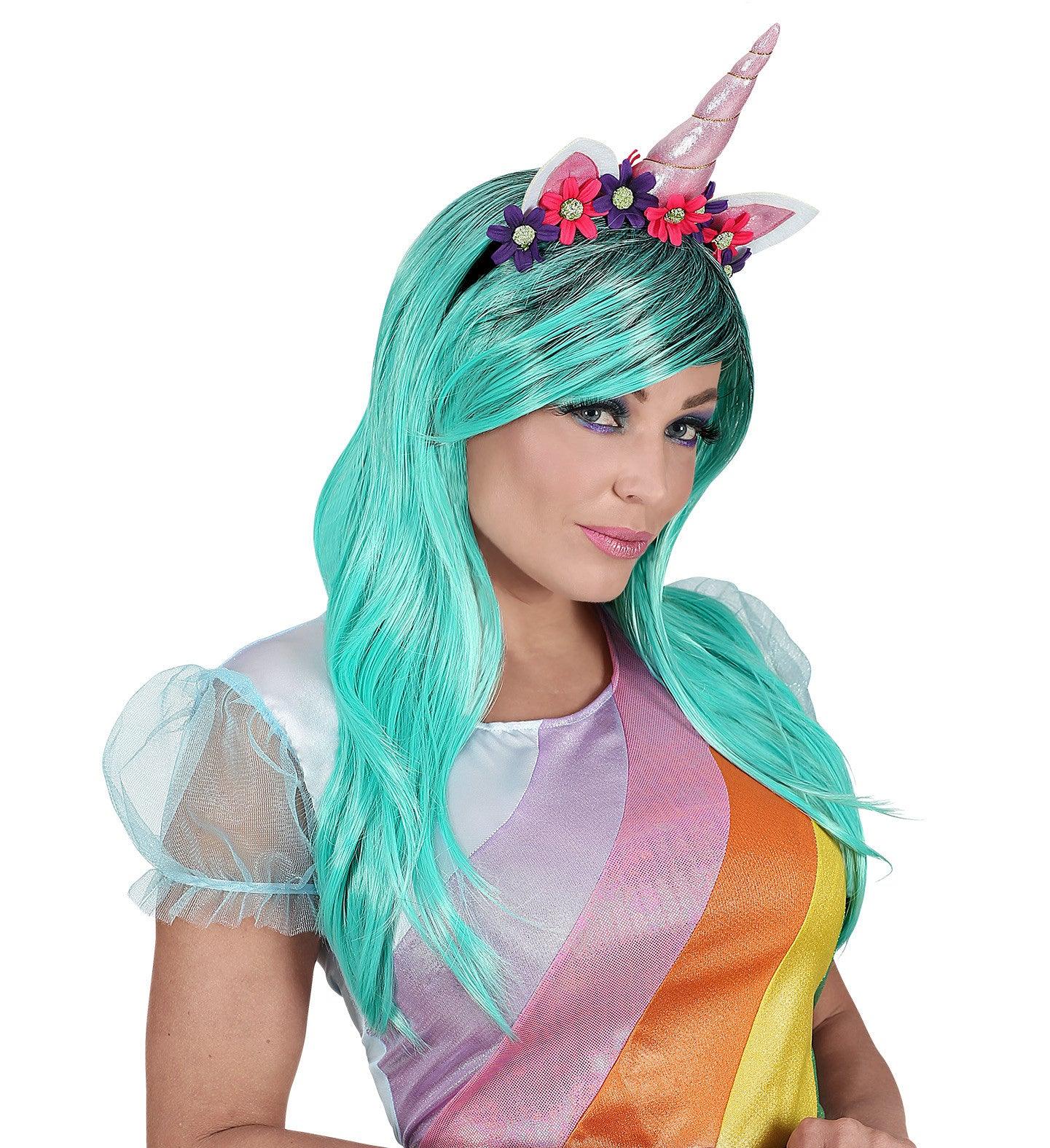 Peluca Azul Verdosa Larga con Diadema de Unicornio Unicornio Widmann