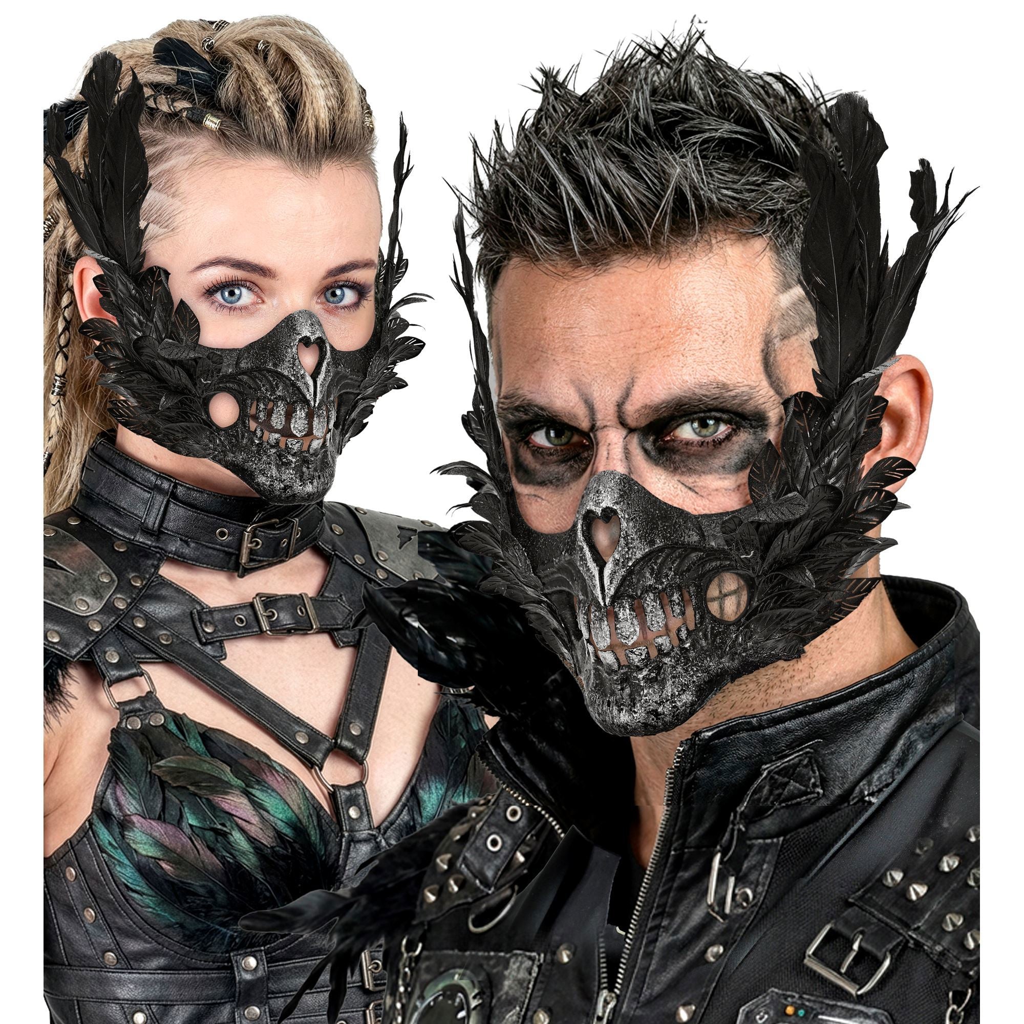 Skelettmaske mit Federn aus Gips