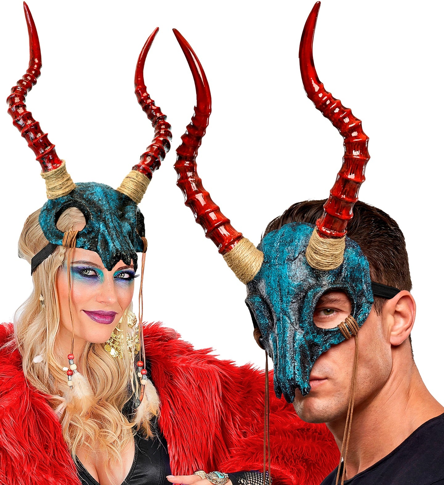 Totenkopf-Schamane-Maske mit Hörnern in Blau
