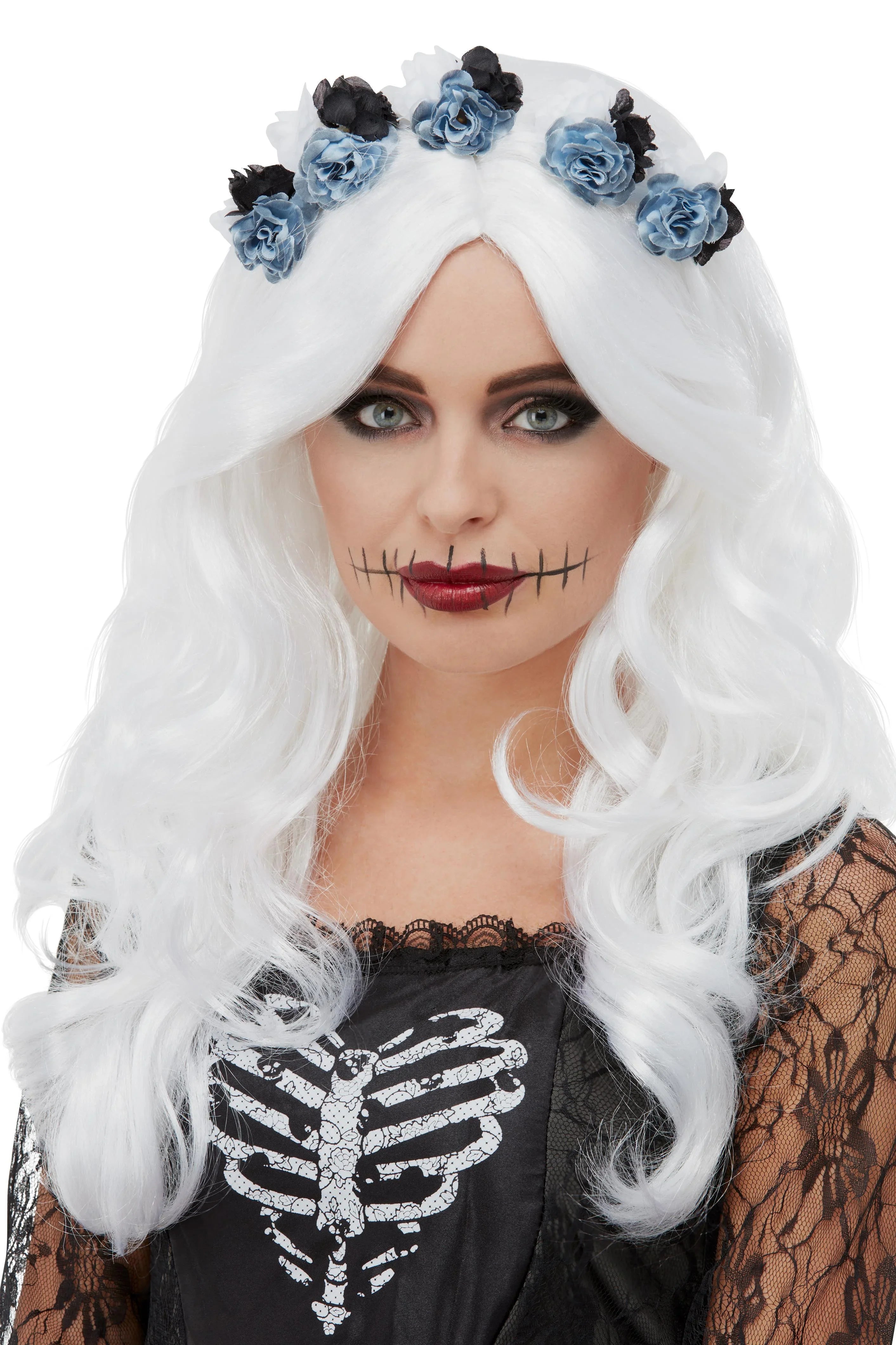 Peluca de Catrina Blanca con Flores Negras y Azules Catrina Smiffys