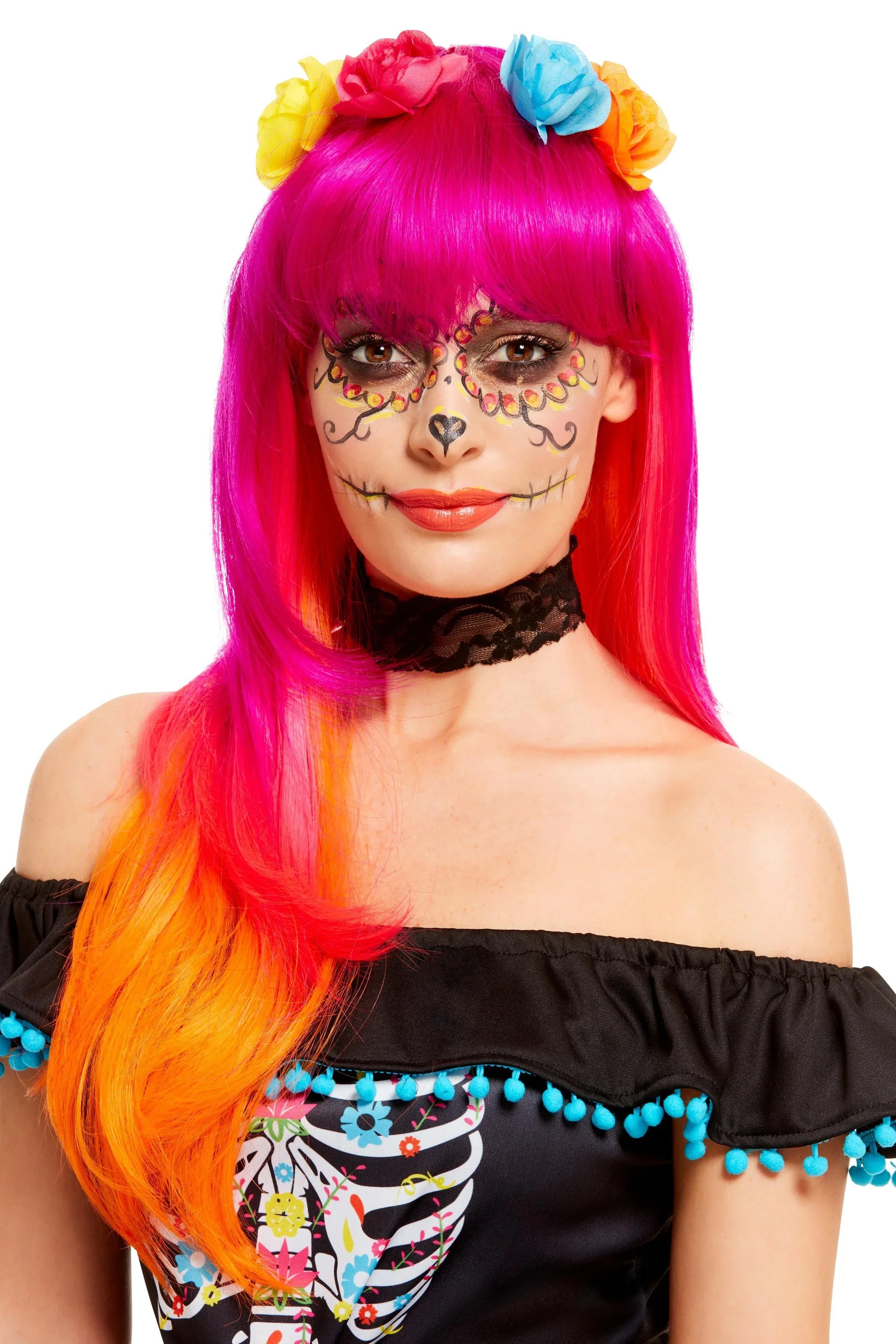 Peluca de Catrina Rosa, Naranja y Morada con Flores Catrina Smiffys