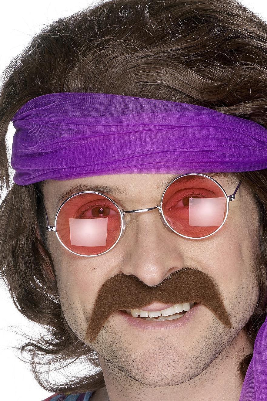 Bigote Castaño de Hippie Años 70 con Adhesivo Complementos Hippies Smiffys