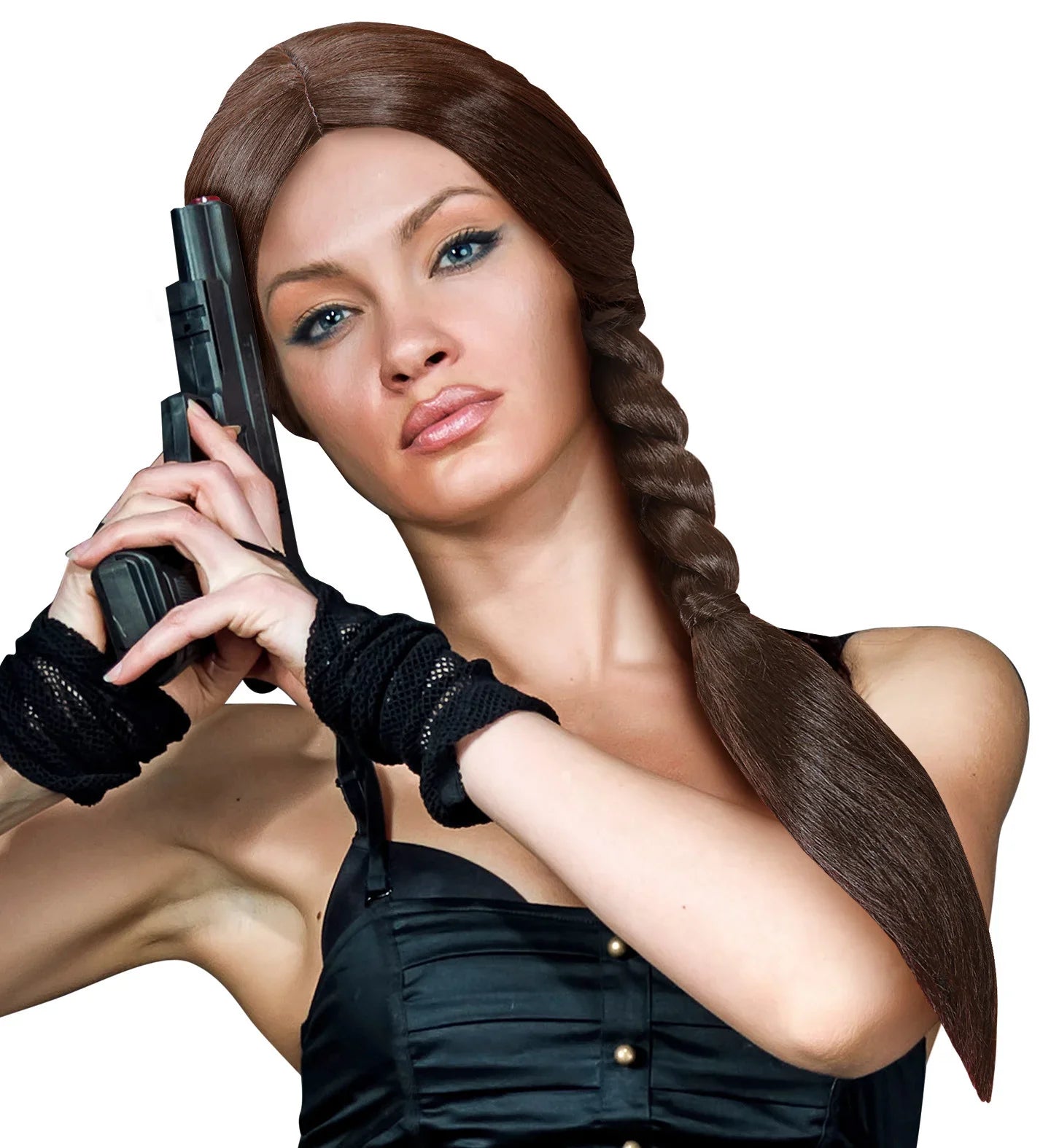 Peluca de Lara Croft Castaña con Trenza Pelucas Castañas Widmann