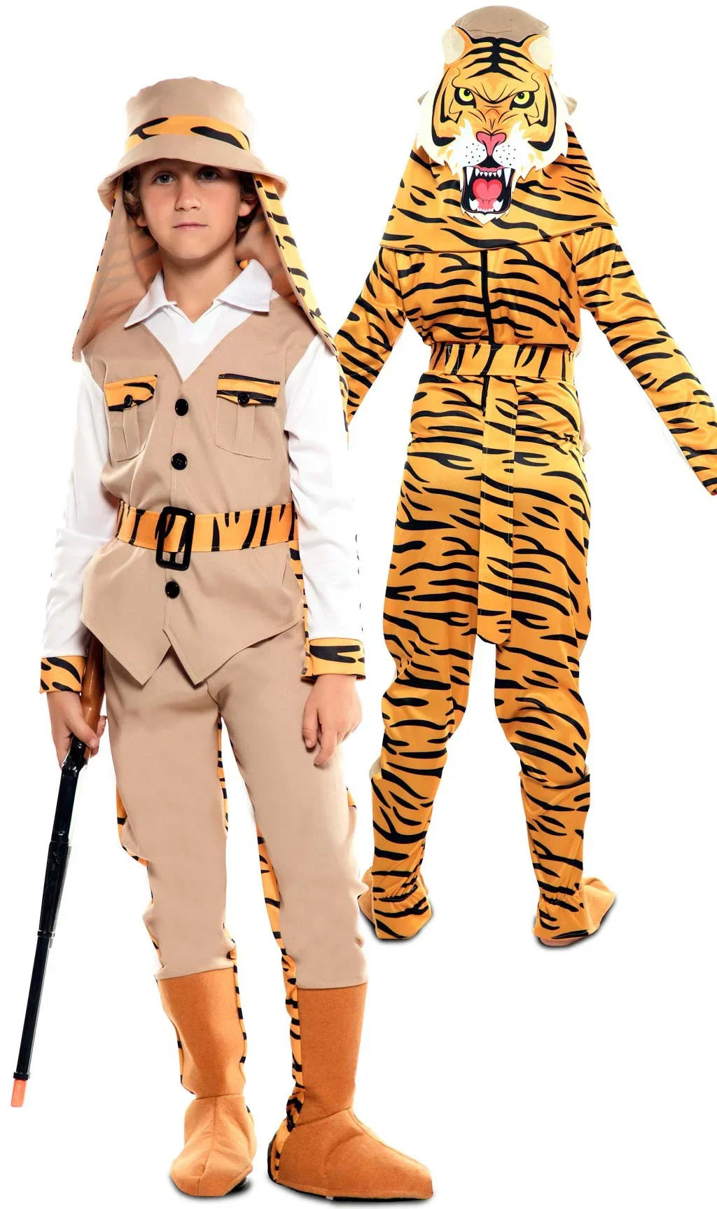 Disfraz Doble de Cazador y Tigre para Niño Exploradores EuroCarnavales