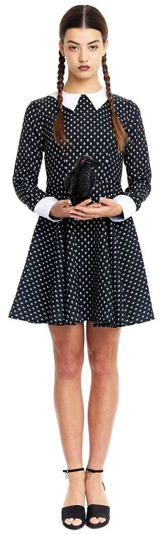 Disfraz de Miércoles con Lunares Calaveras para Mujer Miércoles Addams Partilandia