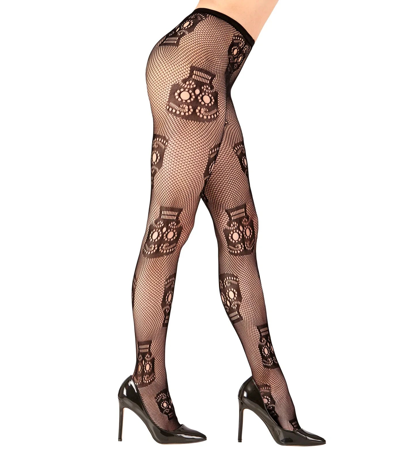 Pantys Negros de Rejilla con Calaveras Mexicanas Catrina Widmann