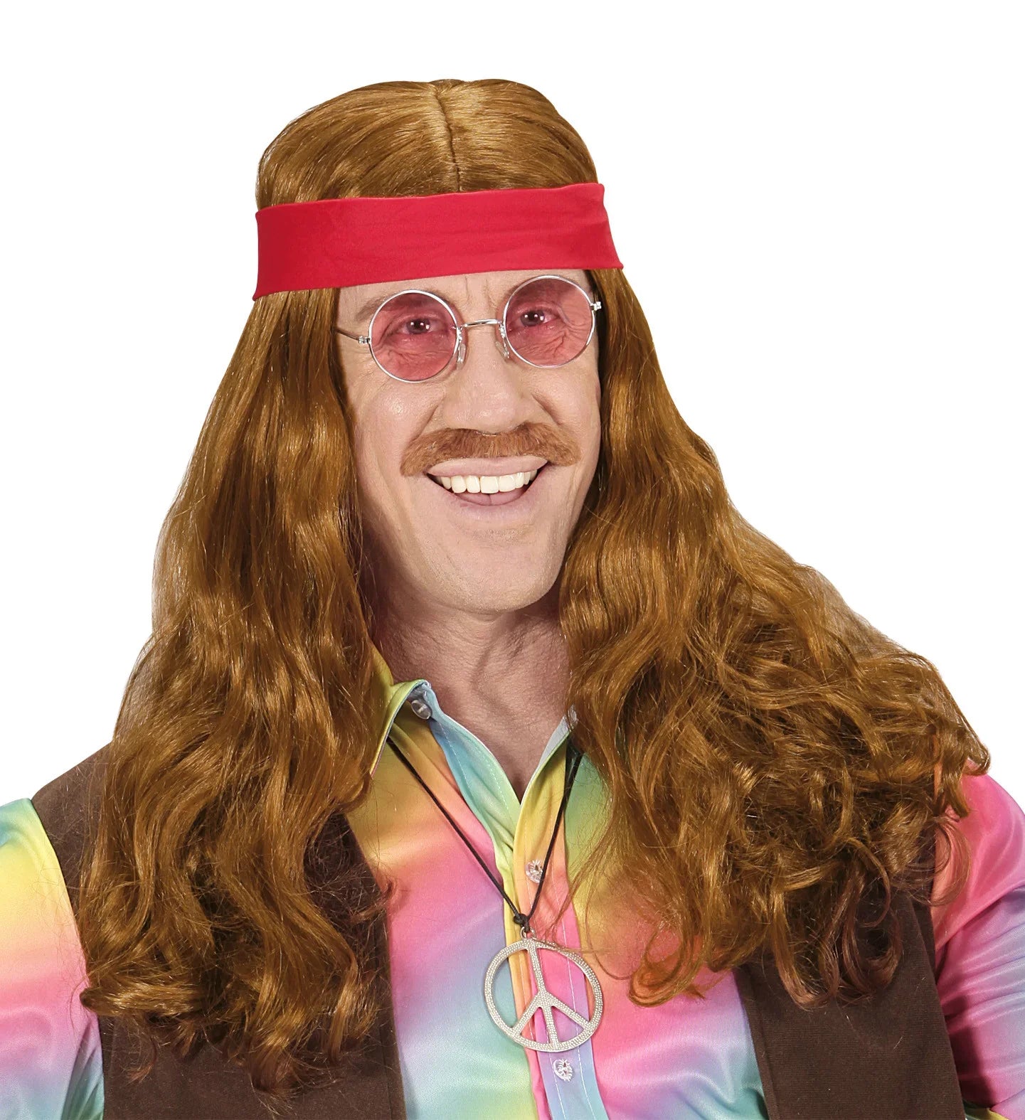 Peluca Hippie Castaña Larga con Bandana y Bigote Complementos Hippies Widmann