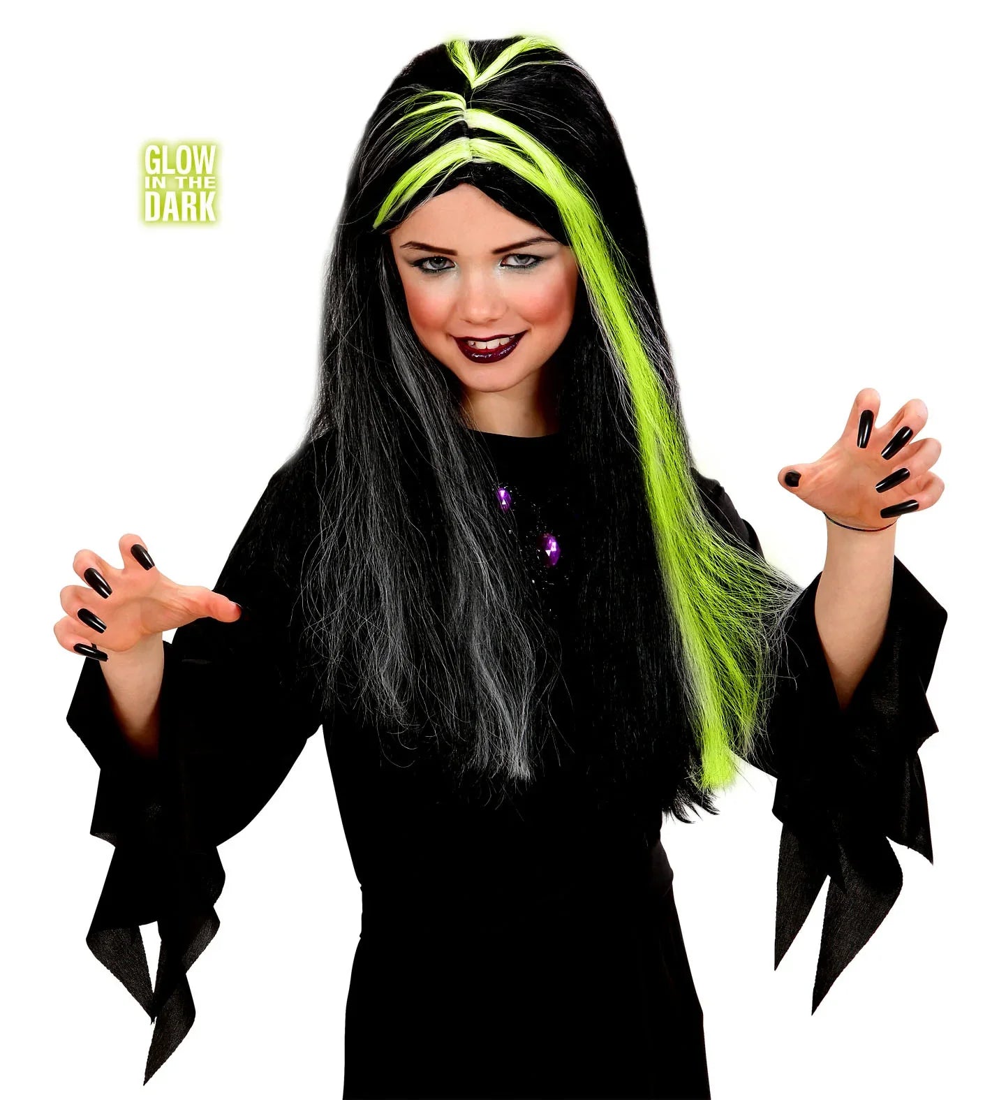 Peluca de Bruja Infantil Morena con Mechas Blancas Fluorescentes Pelucas Infantiles Widmann