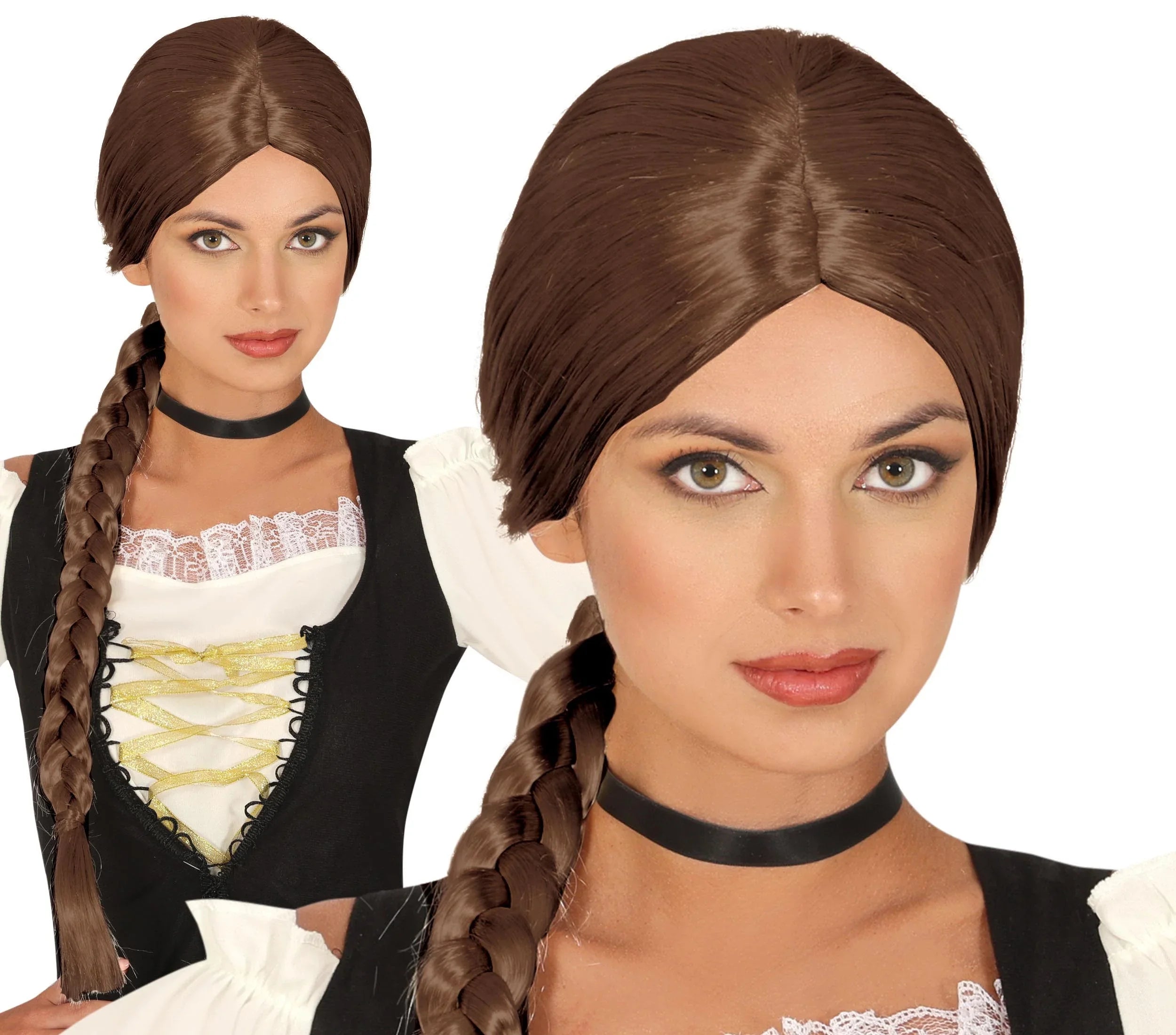 Peluca Medieval Castaña con Trenza Larga Pelucas Castañas Guirca