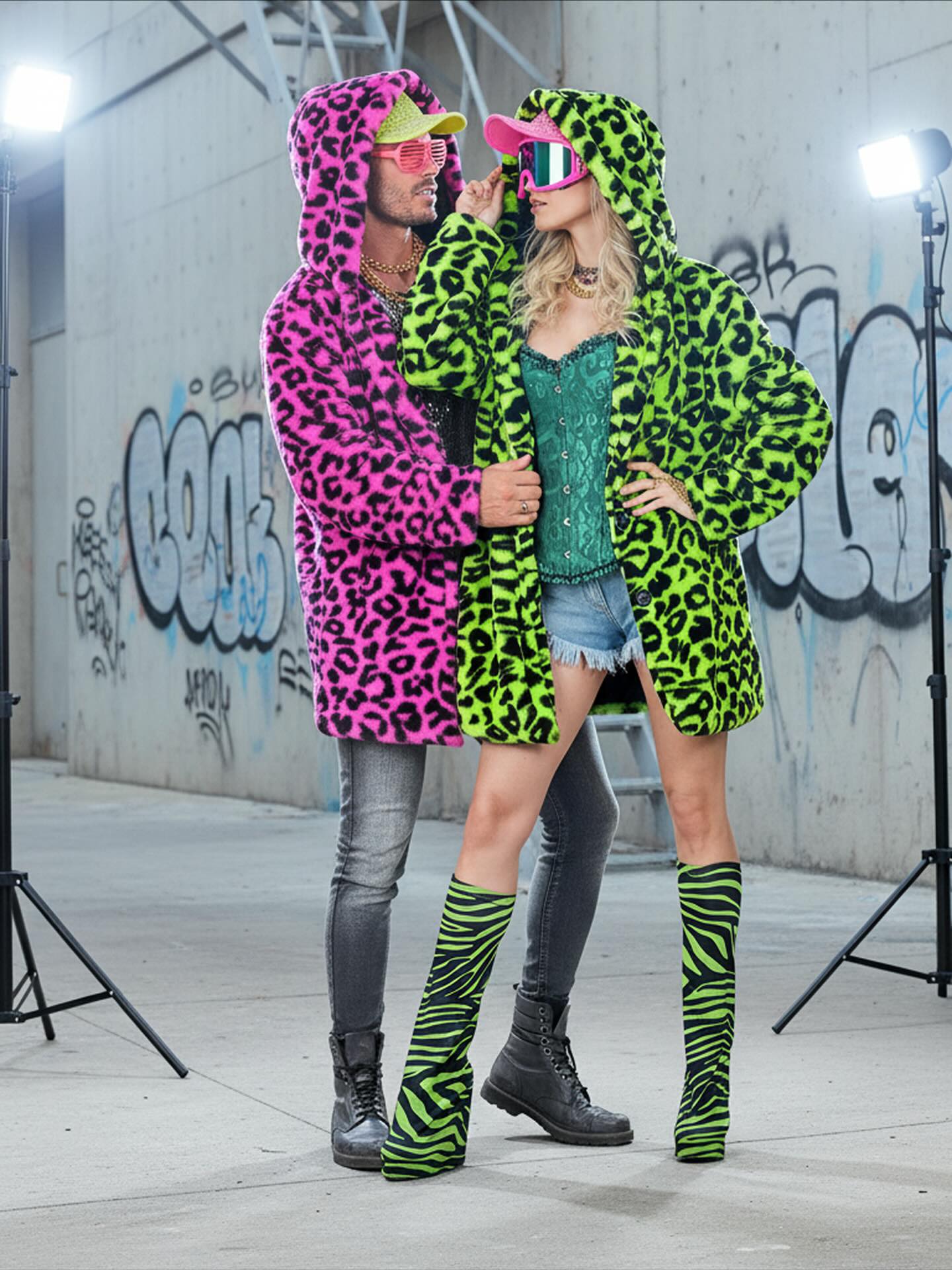Neongrüne Leoparden-Plüschjacke für Erwachsene