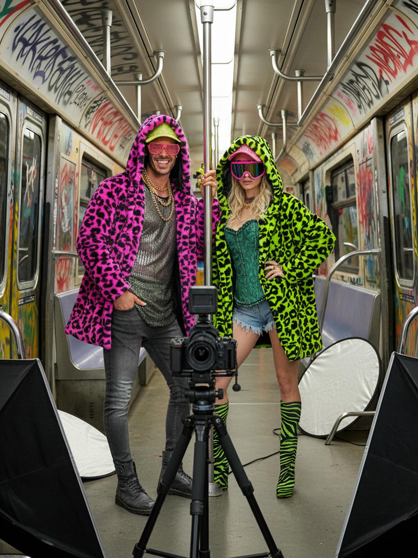 Neongrüne Leoparden-Plüschjacke für Erwachsene