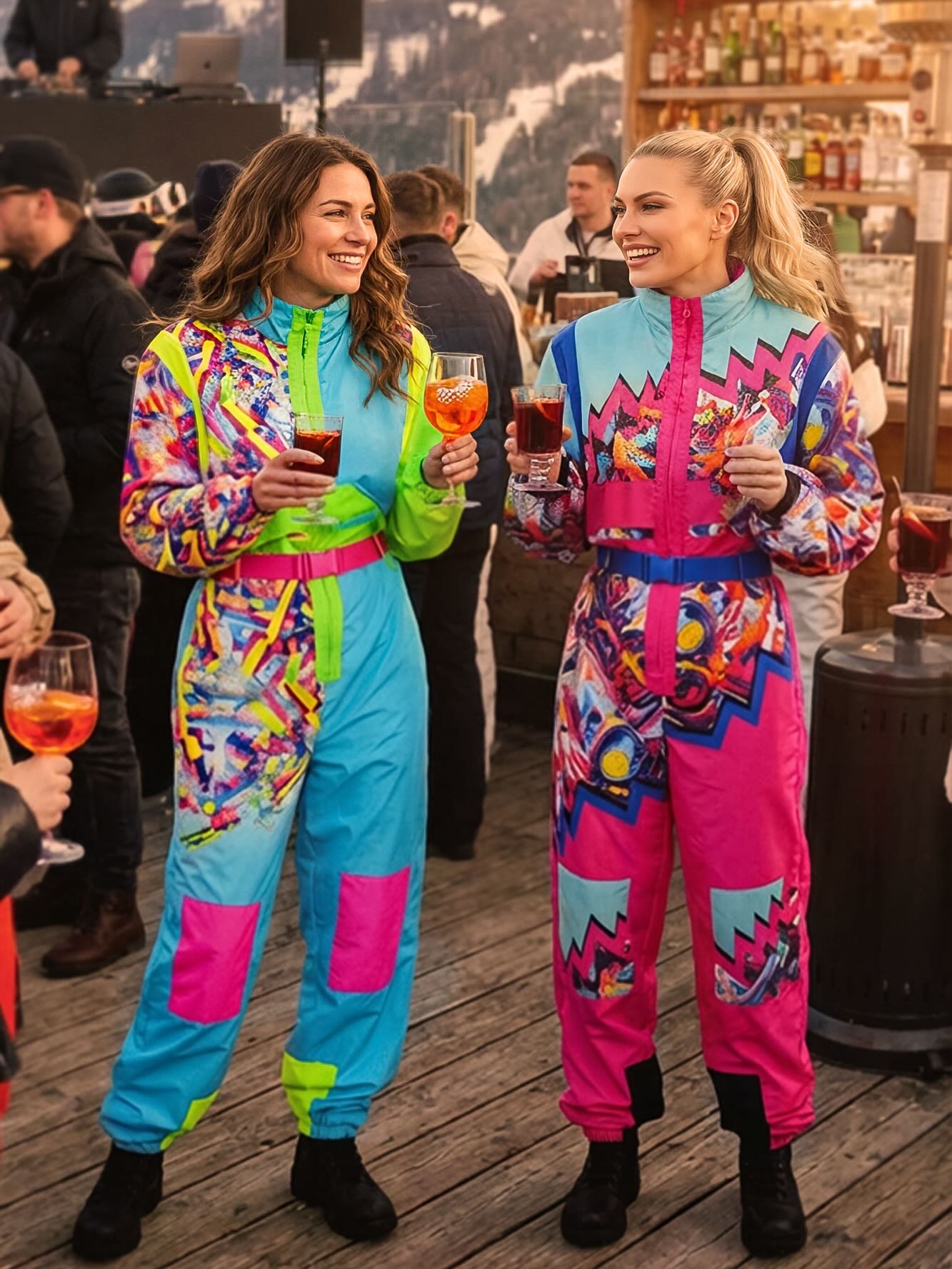 Kostüm eines Neonrosa- und Neonblau-Skifahrers für Erwachsene