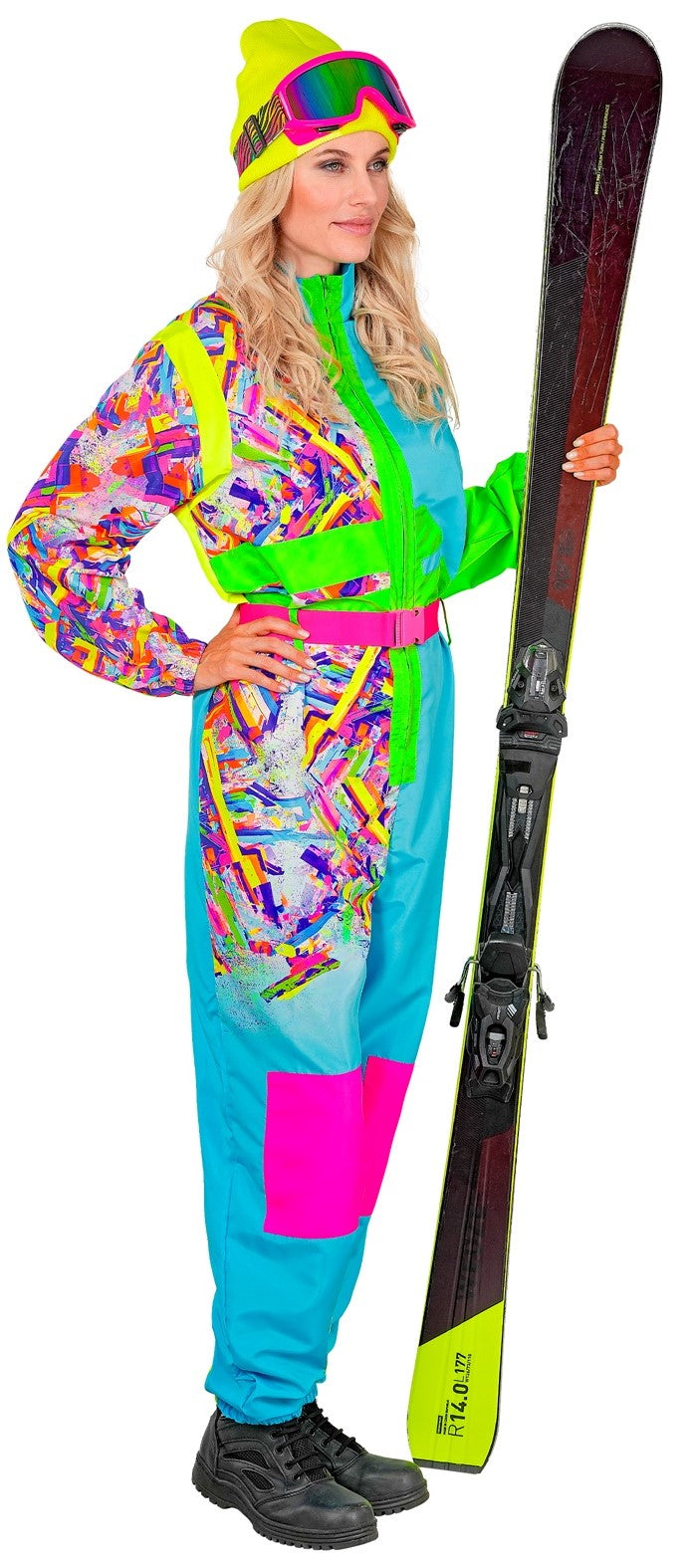 Kostüme für eine Gruppe blaue Neon-Skifahrer