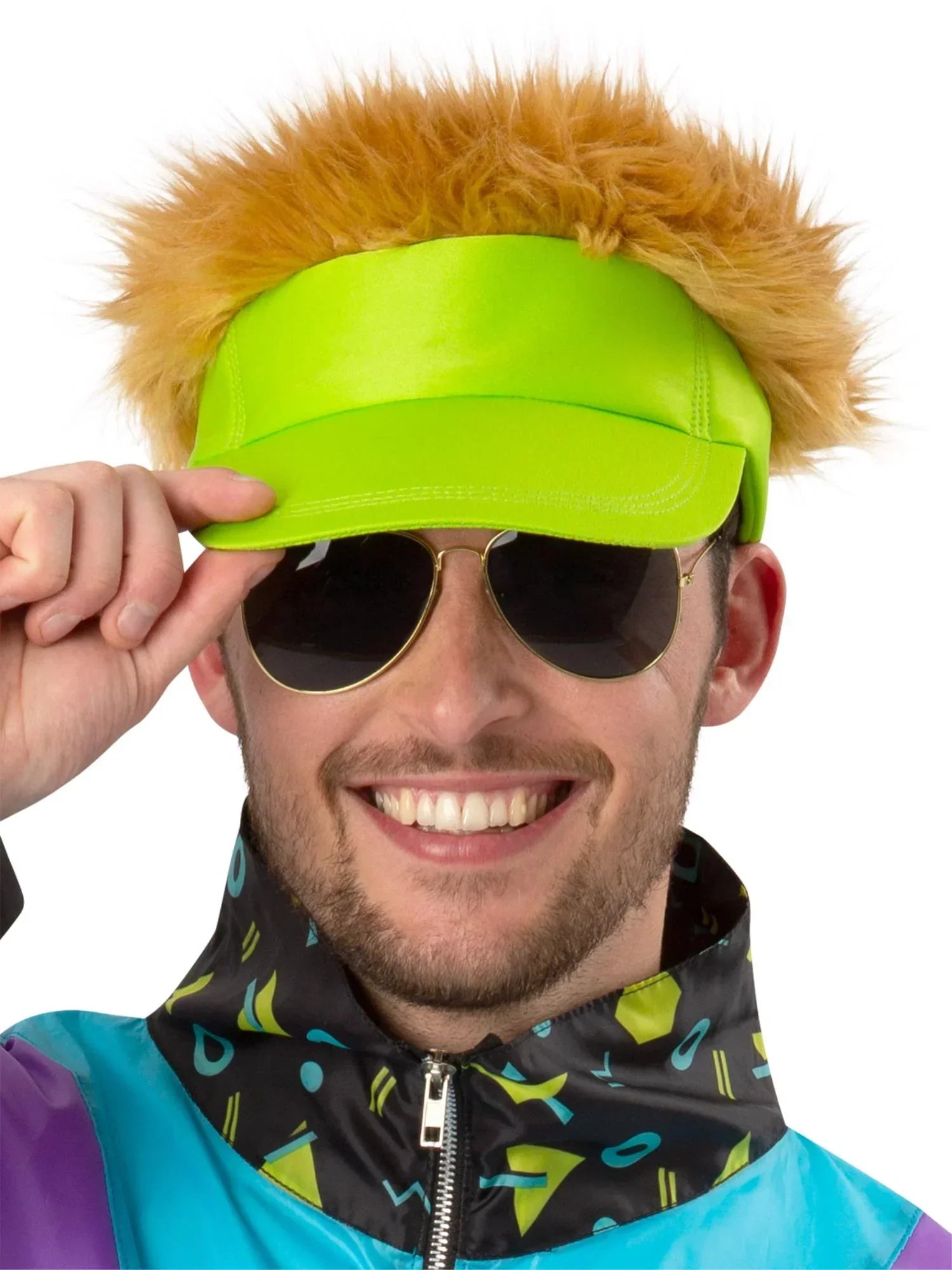 Visera Verde Neón Estilo Años 80 con Pelo Rubio Años 80 Smiffys