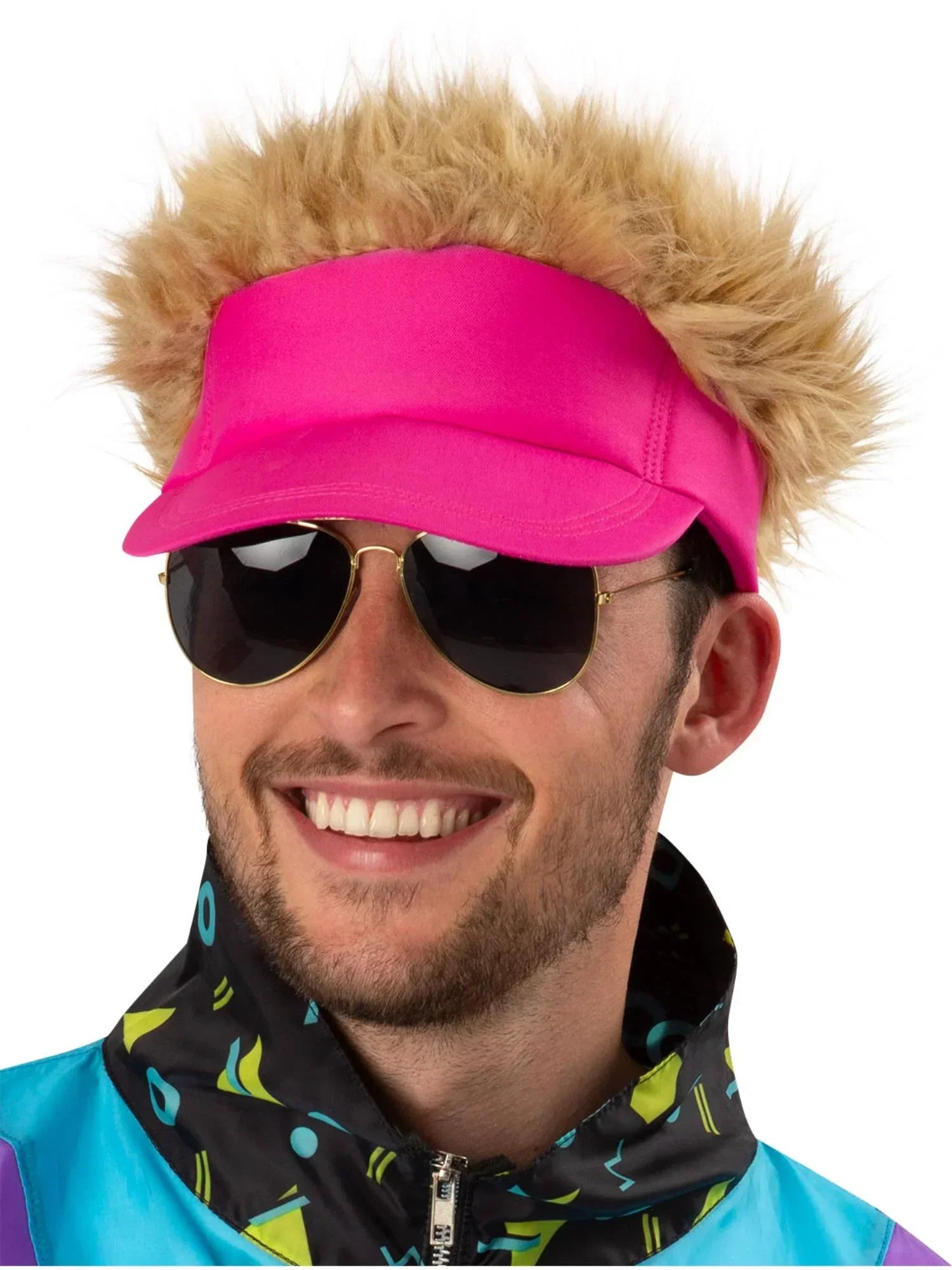 Visera Rosa Neón Estilo Años 80 con Pelo Rubio Años 80 Smiffys